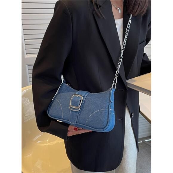 Decorative Buckle Sewing Detail Chain Shoulder Bag, - Picture 5 of 7